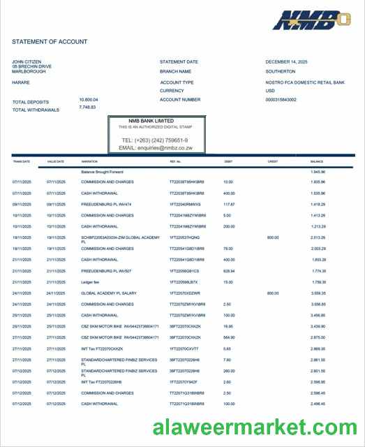 Zimbabwe NMB Bank statement of account Word and PDF template